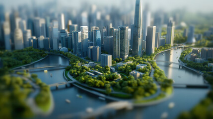 Naklejka premium futuristic smart city with green spaces, waterways, and sustainable urban design