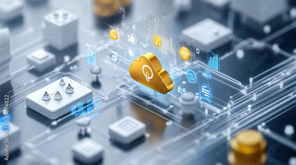 Poster cloud computing concept with golden cloud icon and digital connections