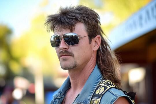 Man with retro mullet and aviators stands outdoors, exuding a cool and classic vibe