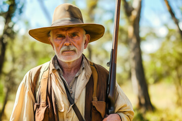 Fototapeta premium Elderly Caucasian man in vintage attire with rifle, embodying rugged outdoorsman lifestyle