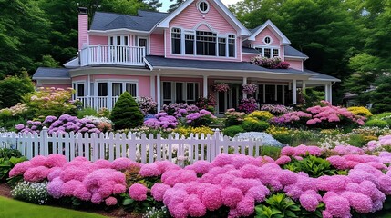 Pink House With Vibrant Flower Garden And White Fence