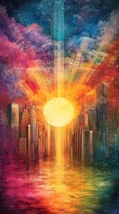 Fototapeta premium A vibrant cityscape at sunset, showcasing colorful skies and reflective waters.