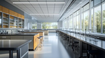Modern laboratory interior with workspaces and natural light.