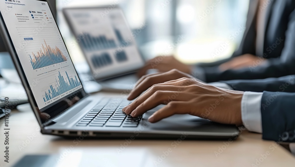 Aufkleber analyzing business data: professionals efficiently use laptops for chart and graph interpretation an