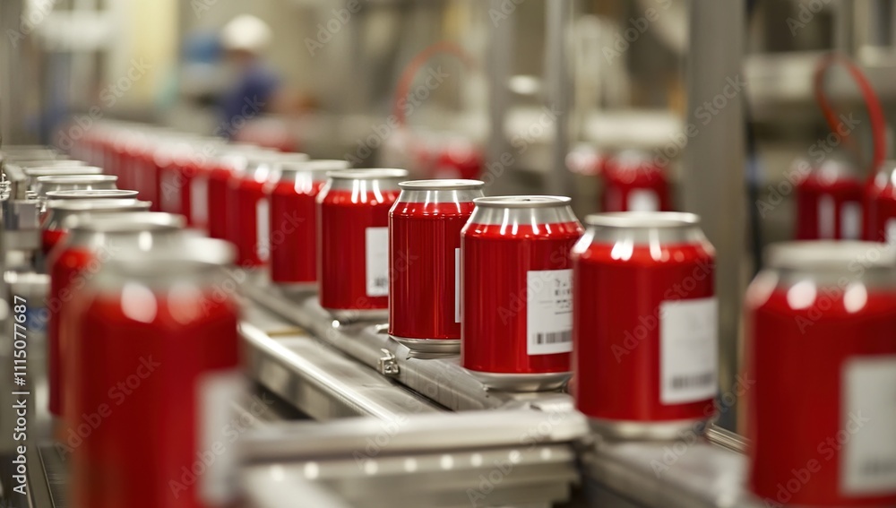 Poster red cans move along assembly line in factory, production process of drinks industry automated system