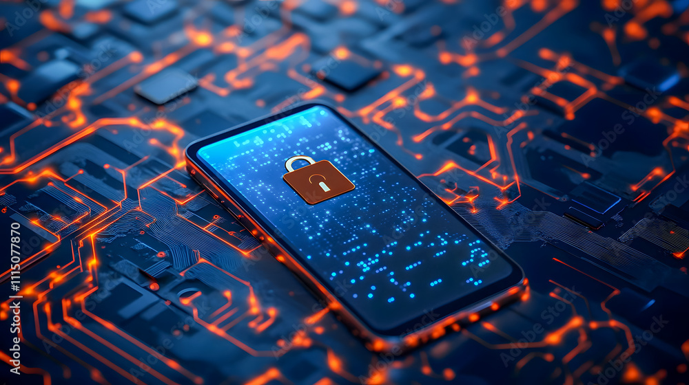 Aufkleber secure smartphone with lock symbol on futuristic circuit board background depicting digital security