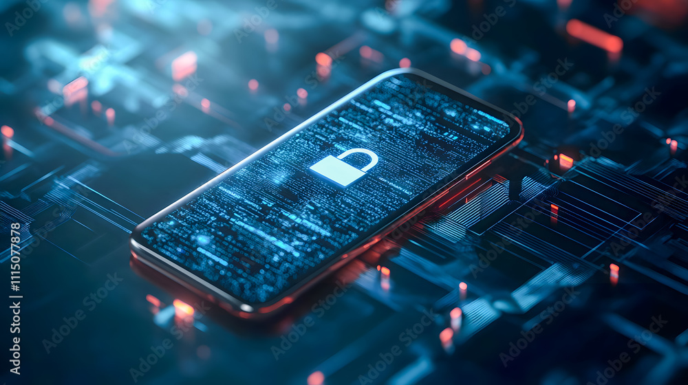 Poster digital security concept with smartphone displaying lock symbol on circuit board background in futur