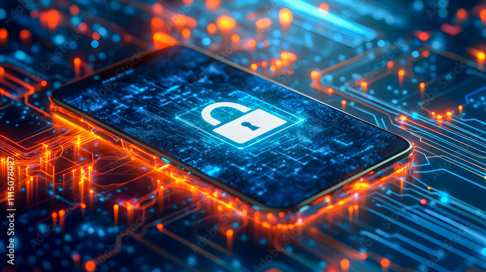 Poster futuristic smartphone unlocking concept with glowing circuit board and digital lock symbol on displa
