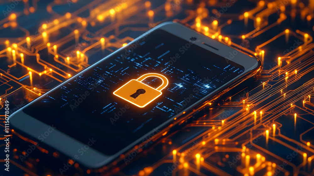 Poster modern smartphone displaying lock symbol on abstract digital circuit background with glowing orange 