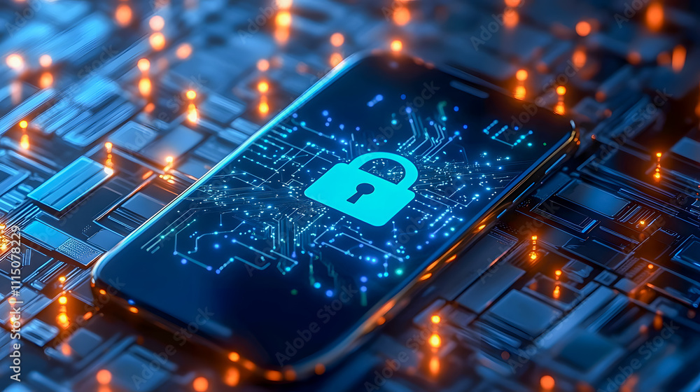 Poster secure smartphone with lock icon surrounded by digital circuitry and glowing lights representing cyb