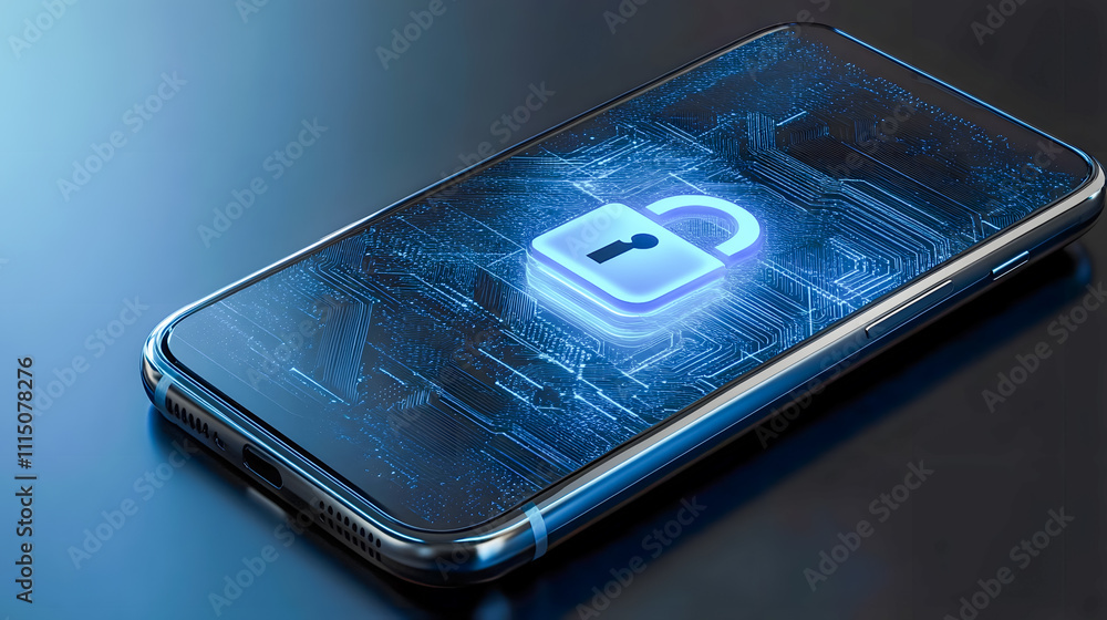 Poster smartphone on a table displaying a glowing padlock symbol representing digital security and privacy 