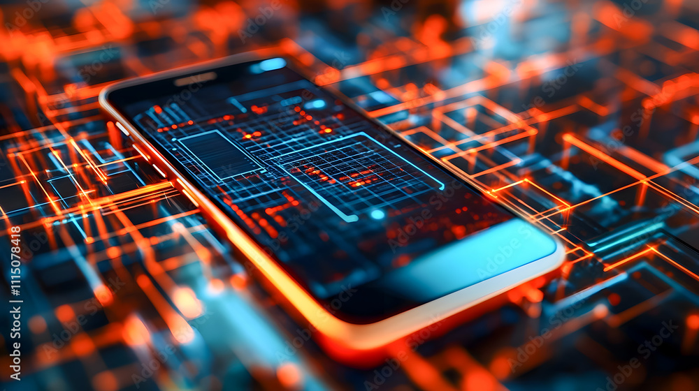 Poster modern smartphone placed on a tech-inspired surface with glowing circuits and data patterns, represe