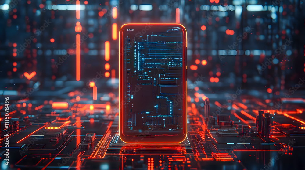 Poster futuristic smartphone surrounded by neon circuitry and digital patterns in a high-tech environment f