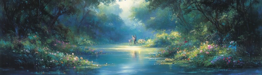 Naklejka premium A serene landscape with a glowing river, surrounded by lush greenery and vibrant flowers.