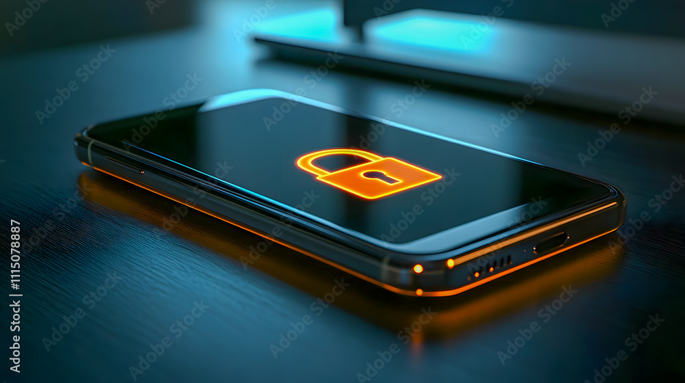 Poster modern smartphone with glowing lock symbol on screen, representing security and data protection in d