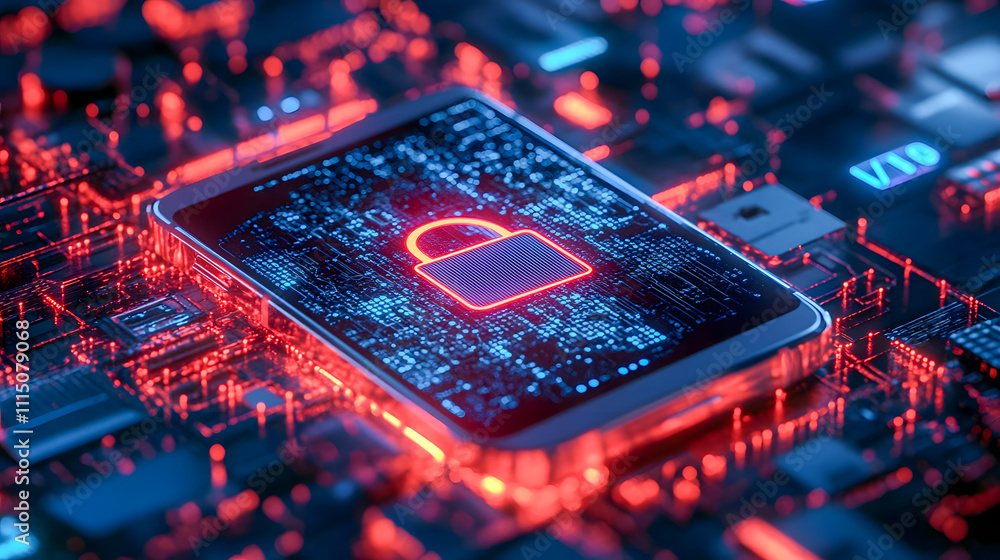 Poster digital security concept with smartphone and glowing padlock symbol on a circuit board background in