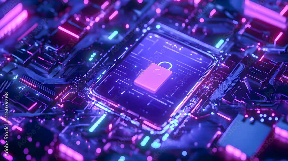 Poster futuristic digital lock on circuit board surrounded by neon lights and advanced technology elements 