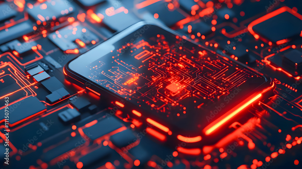 Poster futuristic smartphone surrounded by glowing circuit board patterns with red and black design element