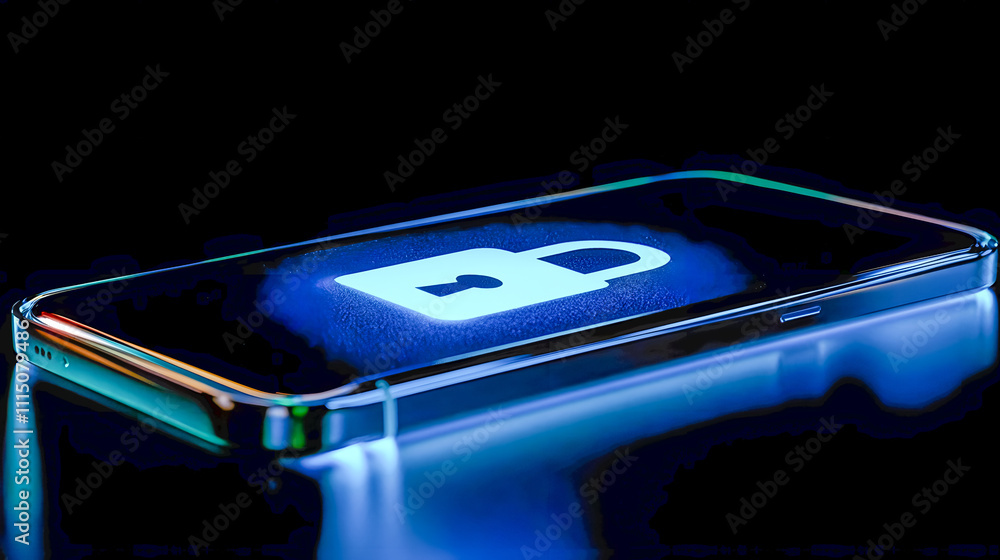 Poster modern smartphone with glowing lock icon representing digital security and online privacy in a dark 