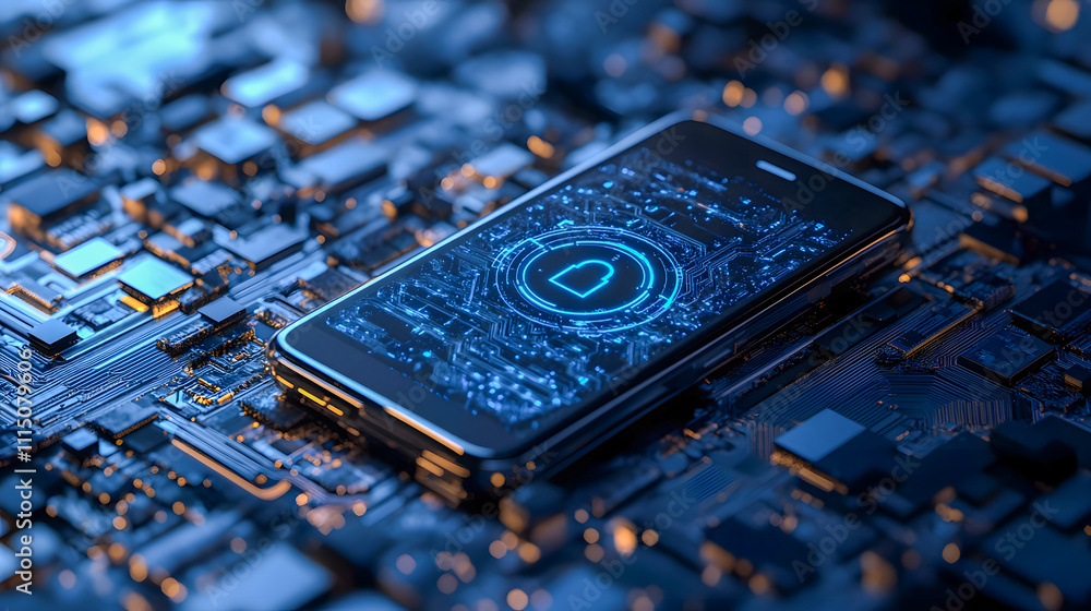 Poster smartphone displaying cybersecurity icon on electronic circuit background with futuristic technology