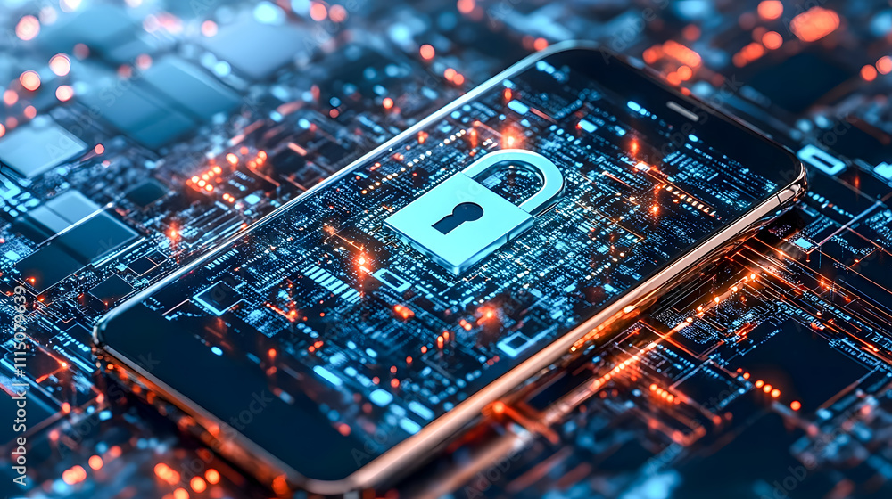 Poster modern smartphone with digital lock symbol on circuit board background representing cybersecurity an