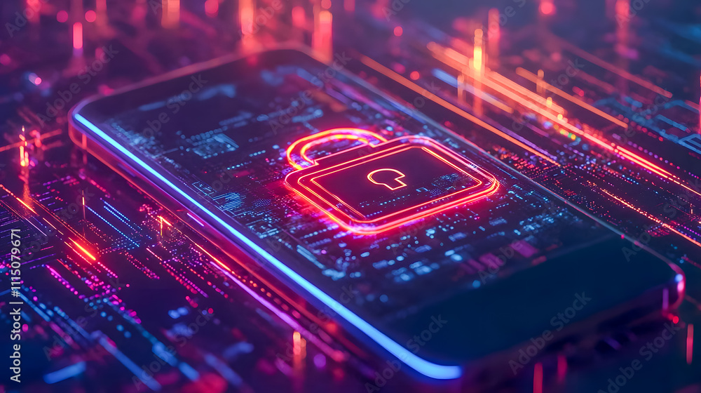 Poster futuristic mobile device with digital lock symbol on cybersecurity background and glowing neon eleme
