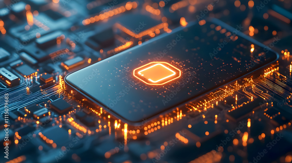 Poster futuristic smartphone on glowing circuit board with digital connections and vibrant lights in a high