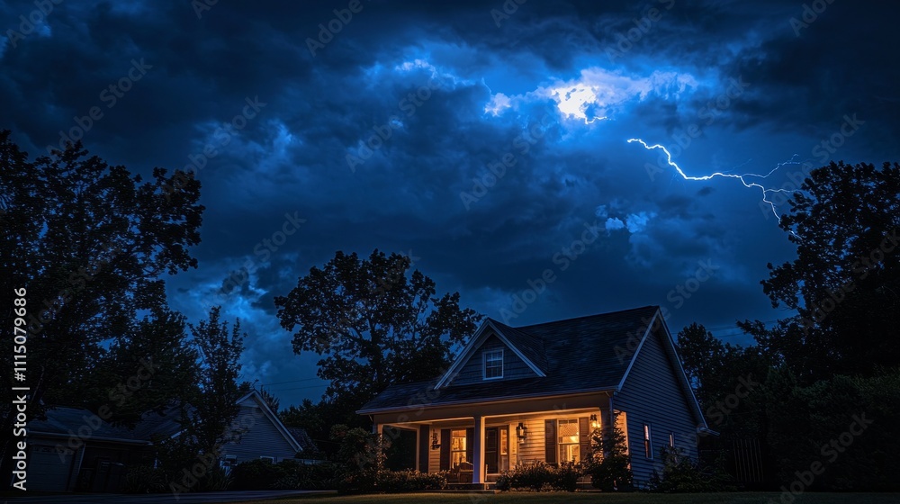 Poster warm light spills from a suburban house, creating a cozy ambiance as dark clouds swirl overhead, ill