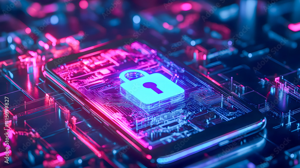 Poster high-tech smartphone on circuit board with digital lock icon representing cybersecurity and data pro
