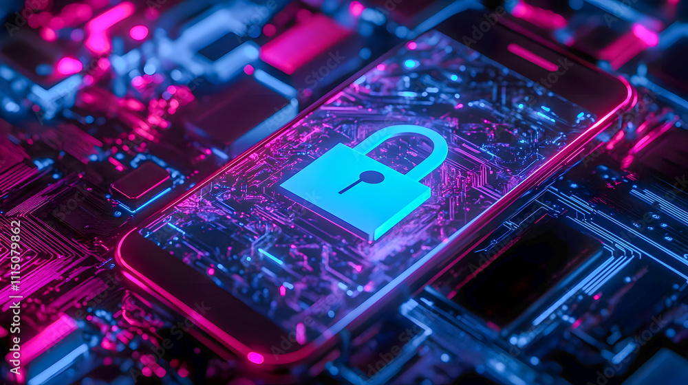 Poster digital smartphone security concept with lock symbol and circuit board in neon lighting on high-tech