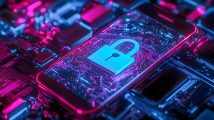 Digital smartphone security concept with lock symbol and circuit board in neon lighting on high-tech background