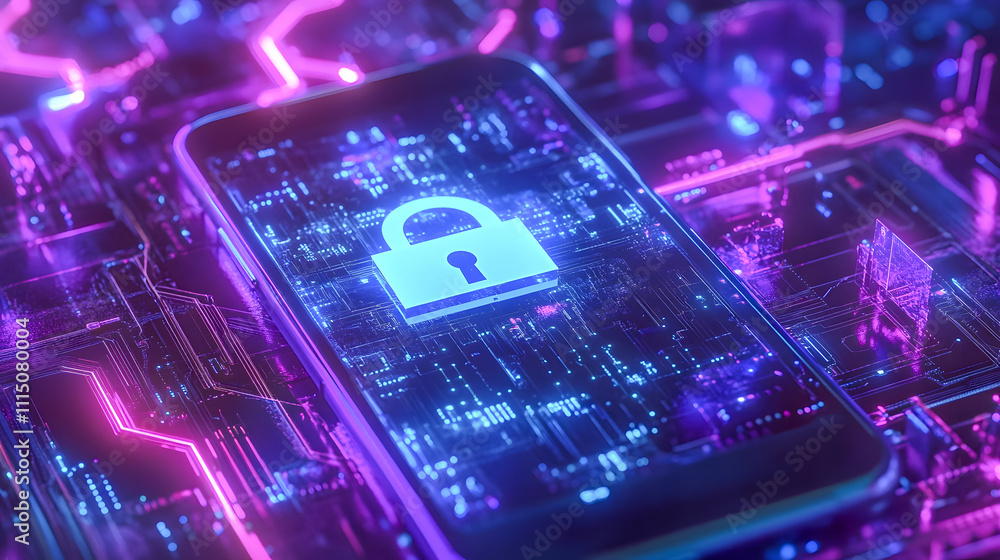 Poster futuristic smartphone over circuit board background with illuminated padlock symbol representing sec