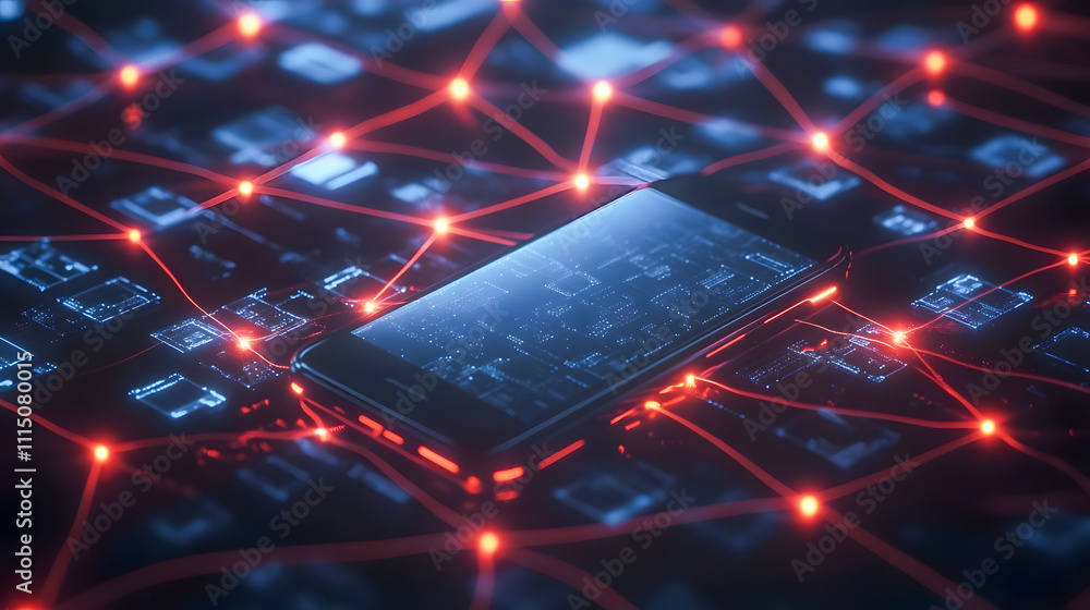 Poster futuristic smartphone surrounded by digital network connections and data points on abstract backgrou