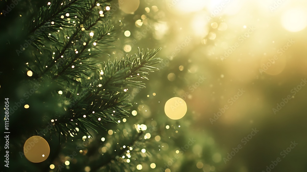 Poster christmas background with bokeh defocused lights and branches of fir tree - generated ai