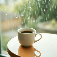 Obraz premium Generative ai a cup of coffee, the roar of the rain in the morning, calm and pleasant