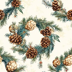 Fototapeta premium Seamless pattern of wreaths with pine cones