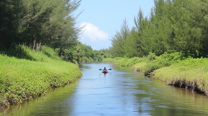 A serene kayak journey through a lush, green river surrounded by trees and clear blue skies.