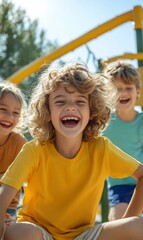 Happy children laughing at playground.