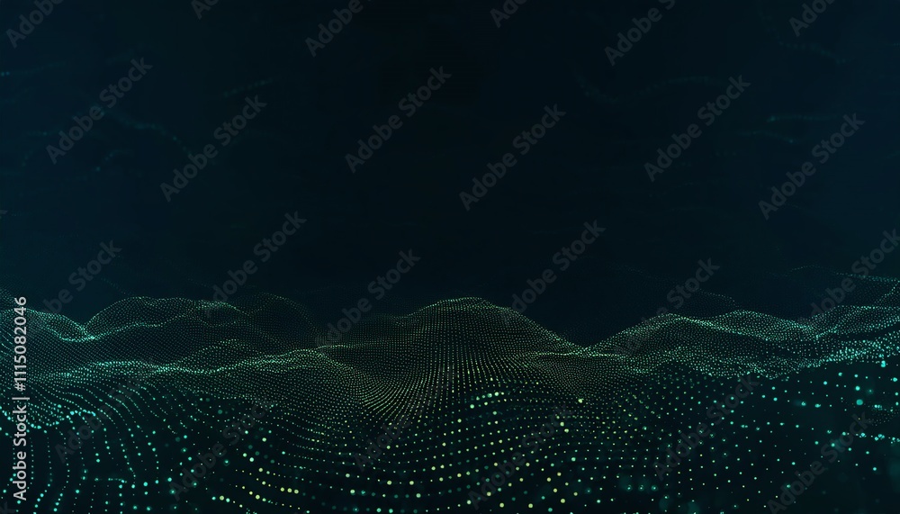 Poster a digital landscape of glowing dots creates a wave-like pattern against a dark background, symbolizi