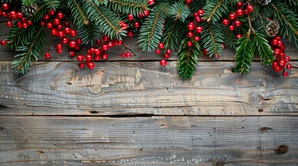 Festive holiday background featuring lush evergreen boughs and vibrant red berries arranged on rustic wood.