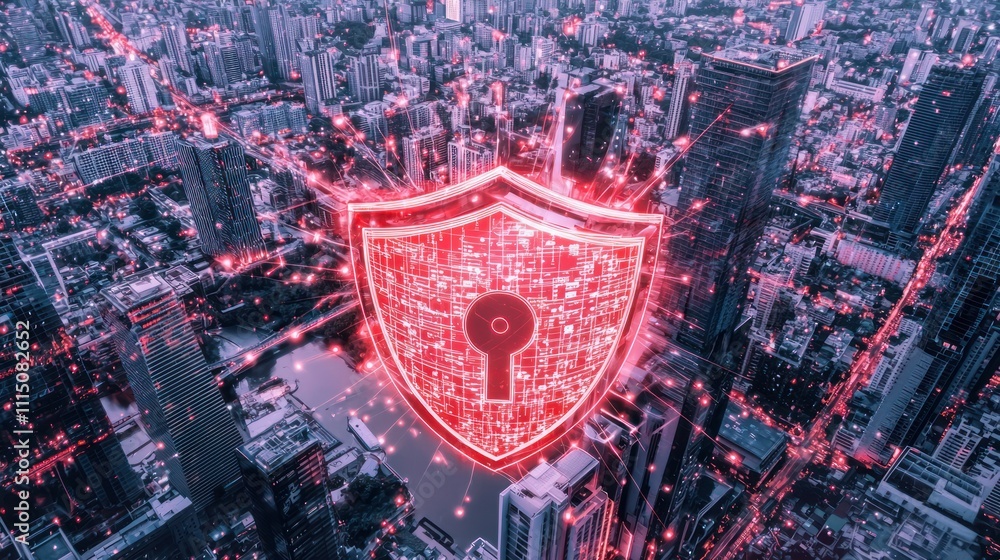 Poster a digital shield with a key overlay is depicted above a cityscape, symbolizing cybersecurity and pro