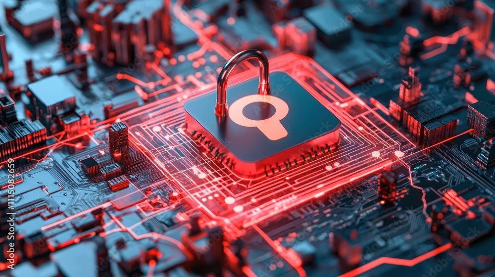 Poster a digital lock symbol on a microchip, set against a backdrop of glowing circuitry, signifies cyberse
