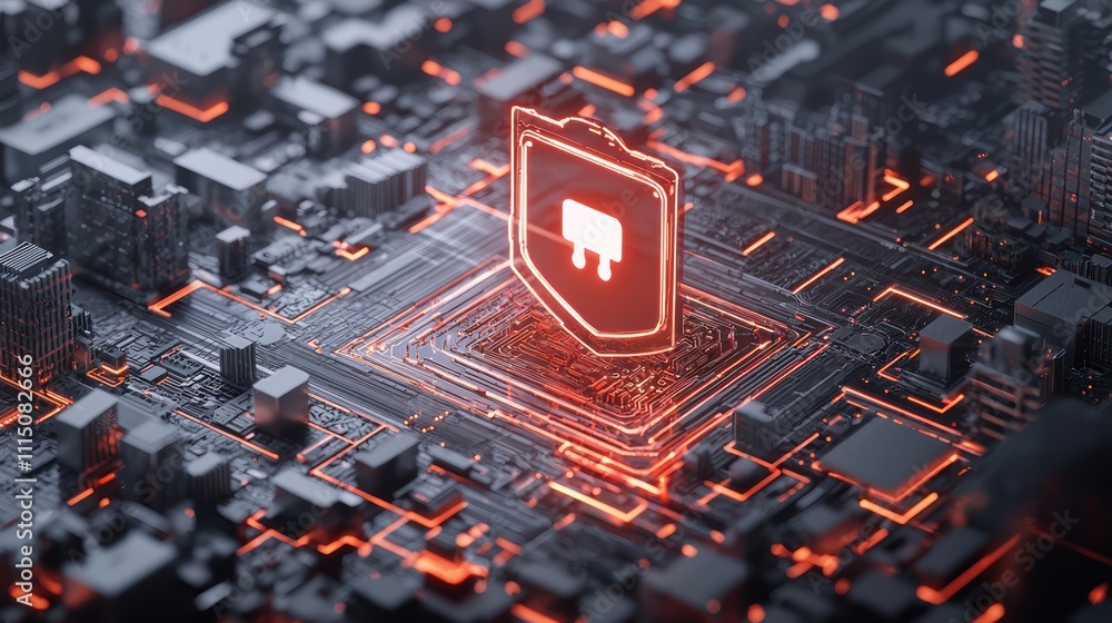 Poster a close-up view of a digital circuit board featuring a glowing shield symbol, representing cybersecu