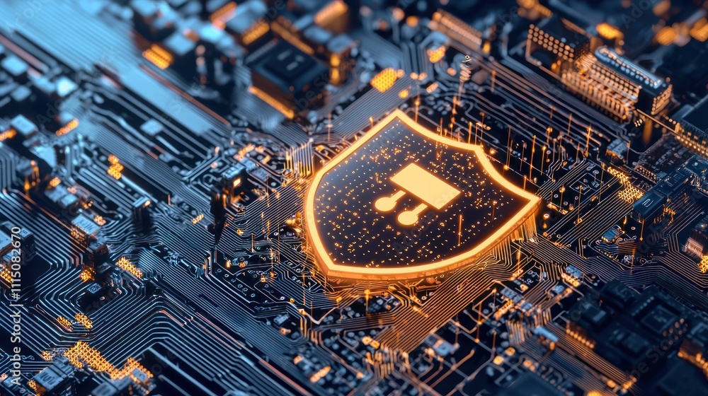 Aufkleber a digital circuit board featuring a glowing shield symbol, representing cybersecurity and data prote
