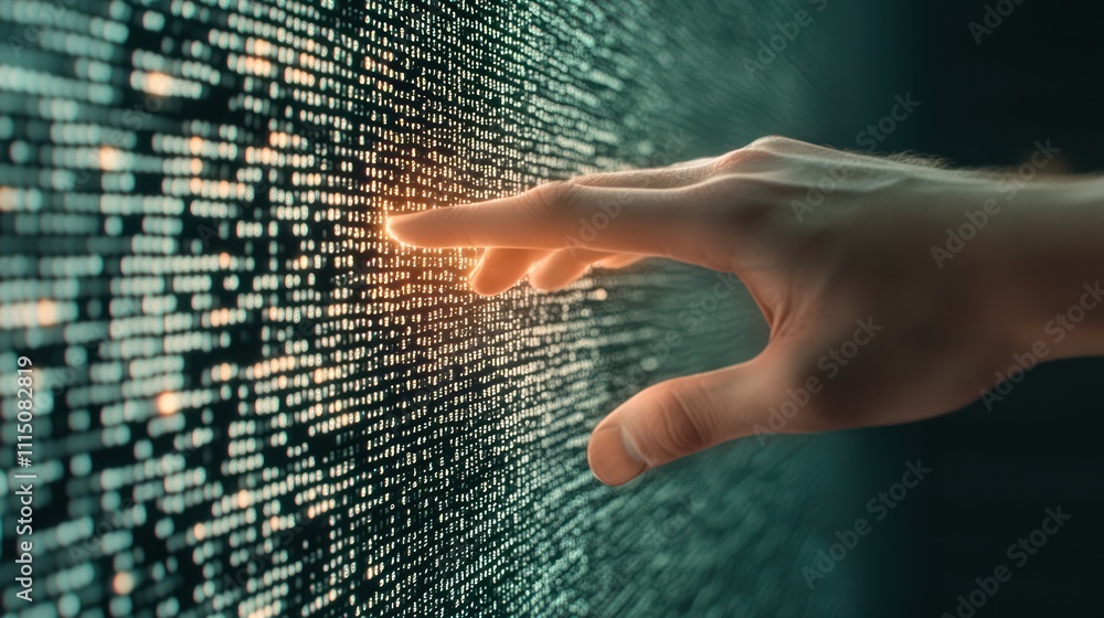 Aufkleber a futuristic hand reaches out to an illuminated digital matrix, symbolizing interaction with technol