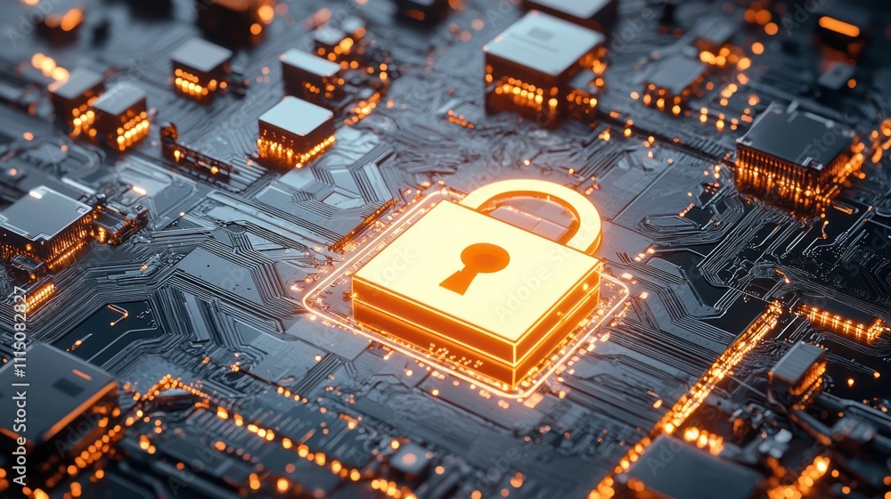 Poster a glowing padlock icon on a circuit board symbolizes cybersecurity and data protection in a digital 