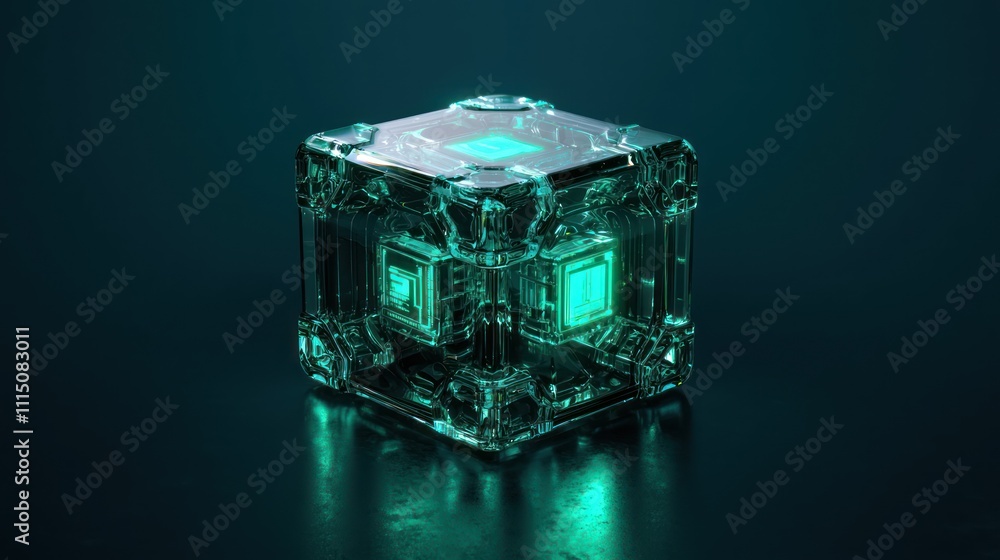 Poster a glowing, transparent cube emits an ethereal green light, set against a dark background, creating a