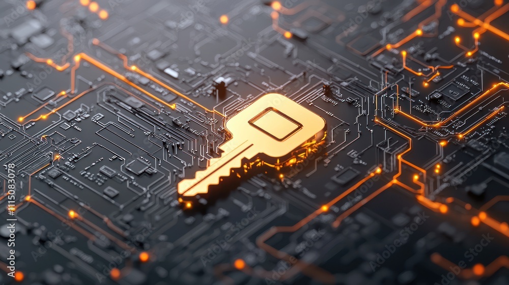 Poster a golden key sits atop a dark circuit board background, symbolizing security and access in a digital