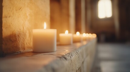 Lit candles on stone ledge in church.