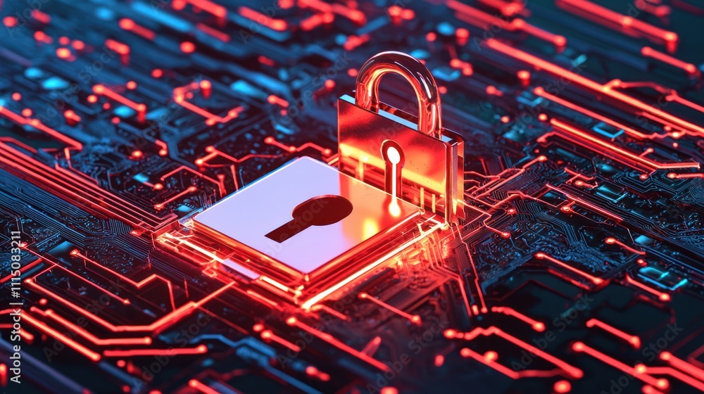 Poster a digital padlock is illuminated on a circuit board, symbolizing cybersecurity and data protection i